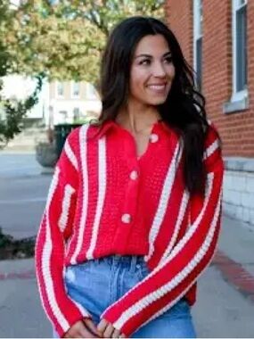 Boutique Striped Red Button-Up Knit Cardigan Women’s L Preppy Trendy Autumn